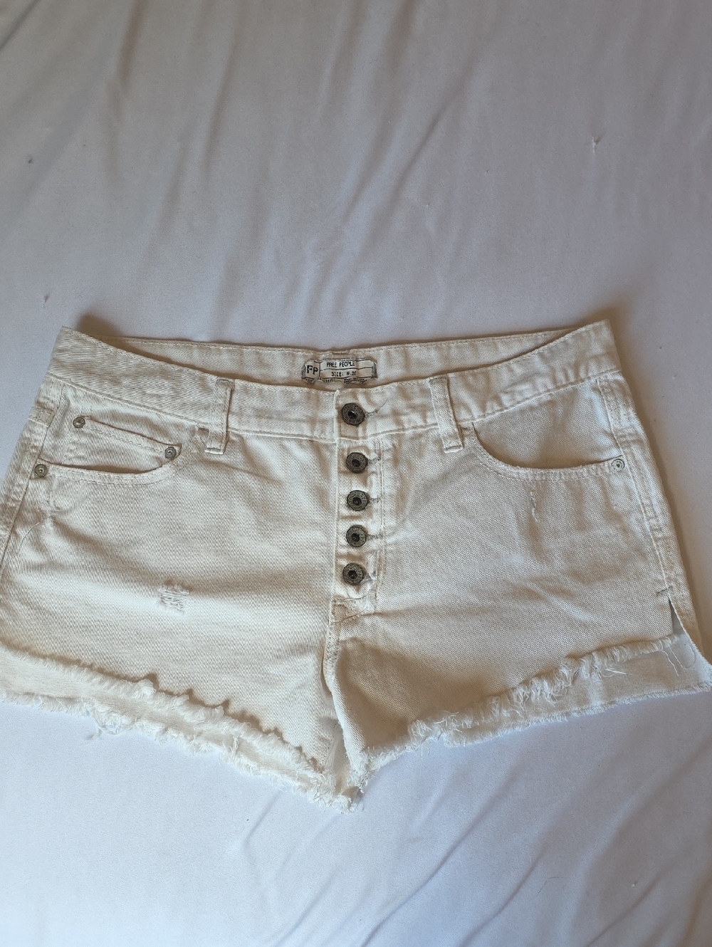 Free People White Button-Front Distressed Denim Shorts